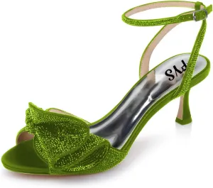 FYS Women Cute Rhinestones Bow Peep Toe Low Kitten Heel Ankle Strap Sandals Satin Dress Pumps Wedding Banquet Ladies Shoes Size 4-15 US