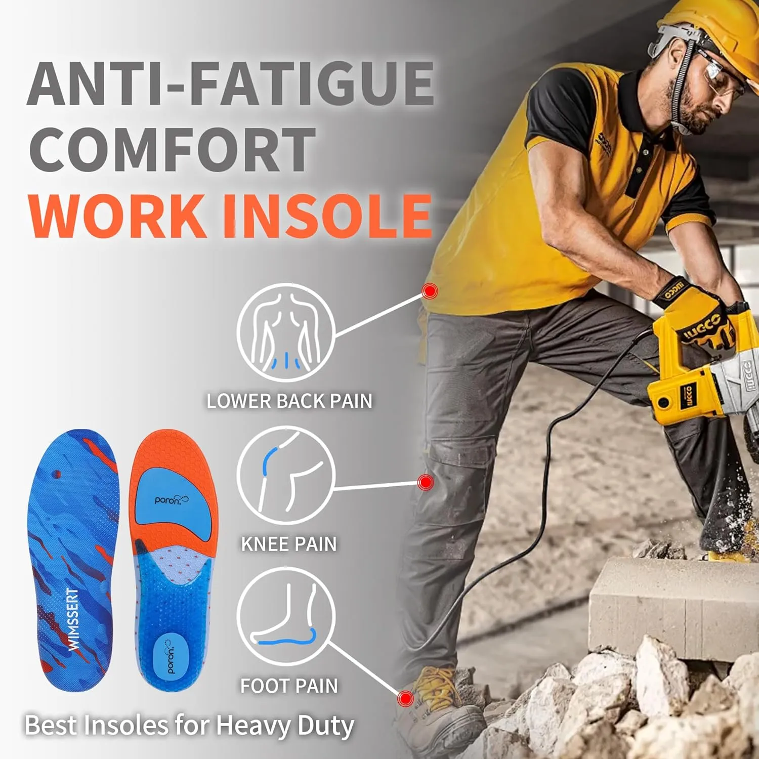 Gel Work Insoles with Poron Foam – Anti-Fatigue Shock Absorption for Standing All Day, Low Arch Support Boot Insert (Men/Women)