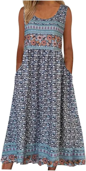 Geleglaer Women's Boho Floral Tank Maxi Dress Plus Size Summer Beach Sundress Crewneck Casual Sleeveless Maxi T Shirt Dress