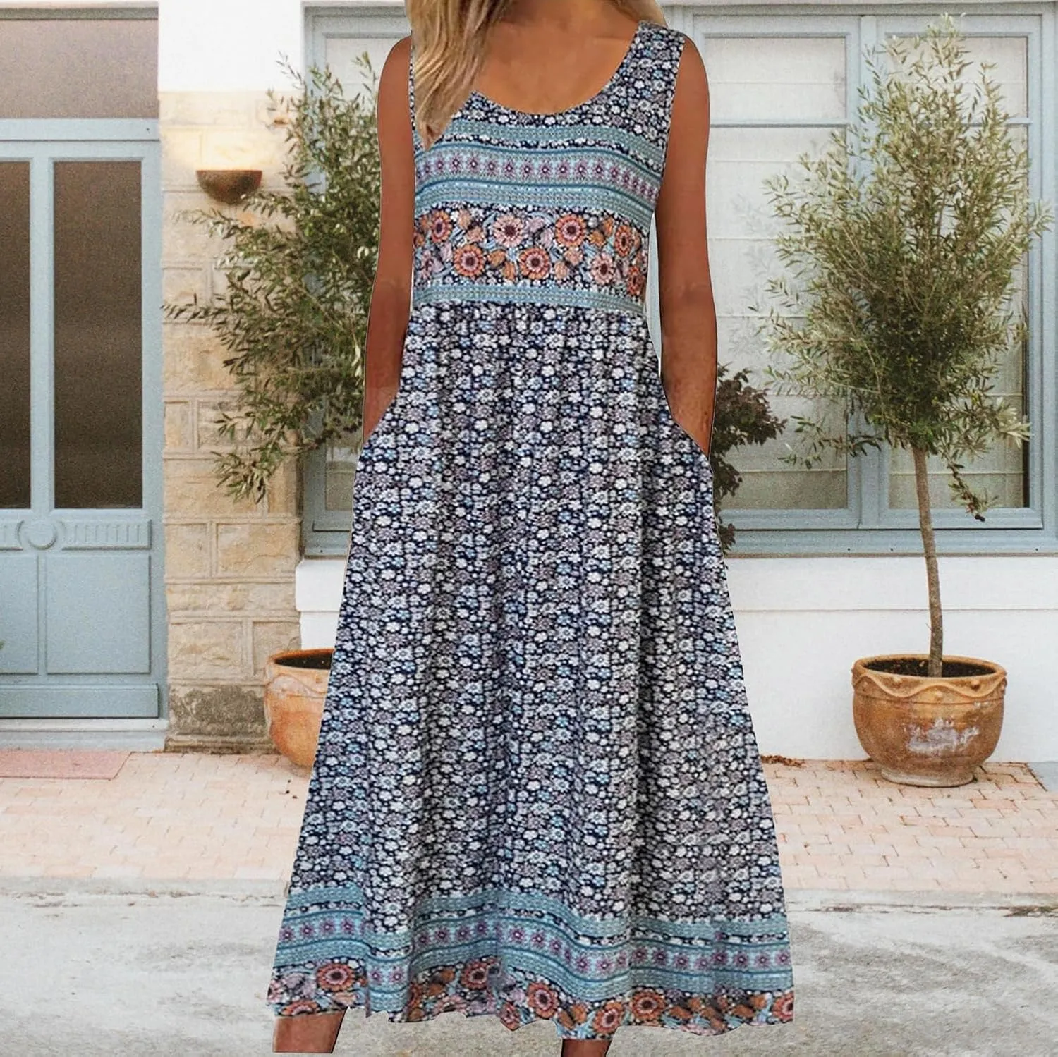 Geleglaer Women's Boho Floral Tank Maxi Dress Plus Size Summer Beach Sundress Crewneck Casual Sleeveless Maxi T Shirt Dress