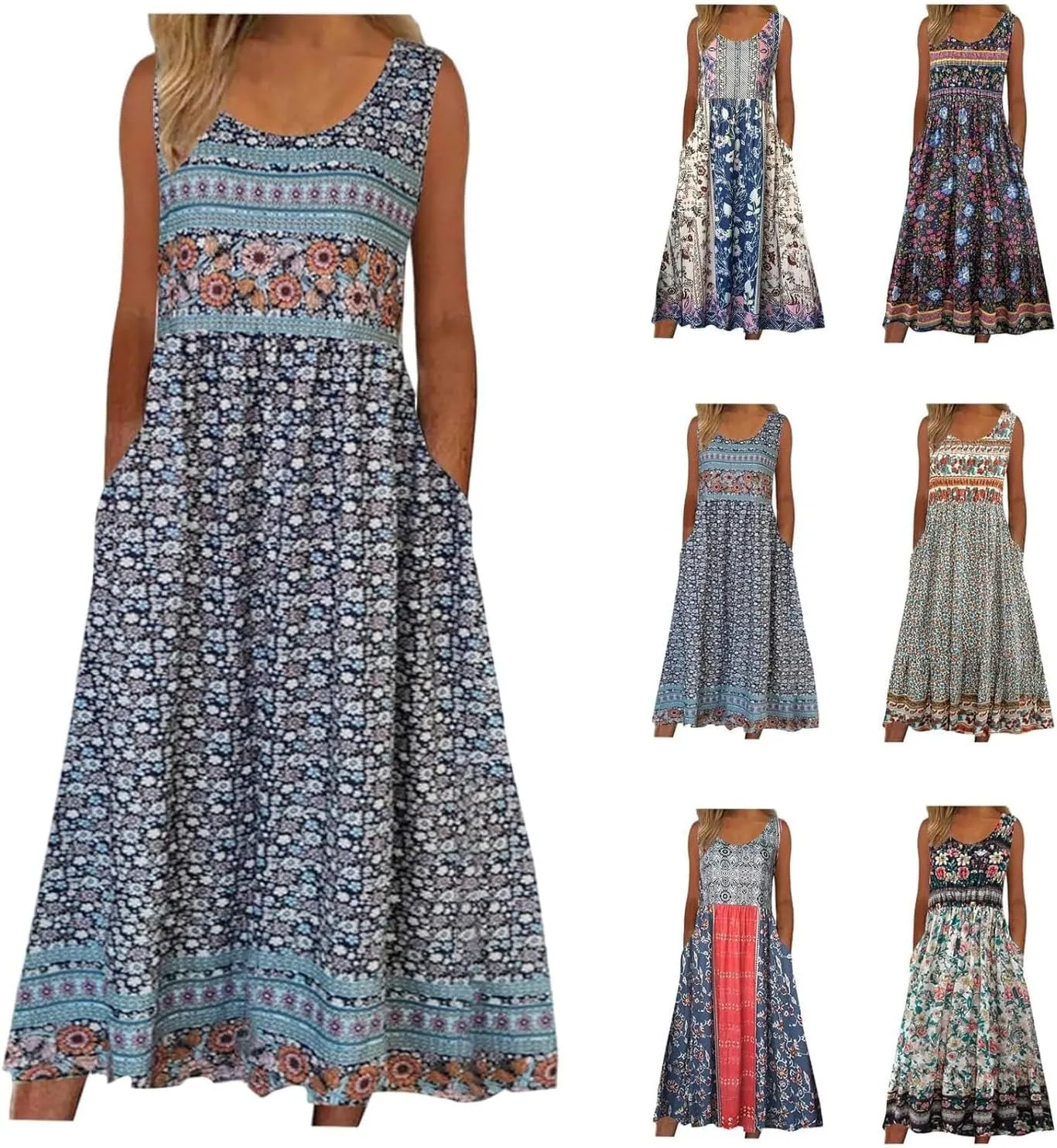 Geleglaer Women's Boho Floral Tank Maxi Dress Plus Size Summer Beach Sundress Crewneck Casual Sleeveless Maxi T Shirt Dress