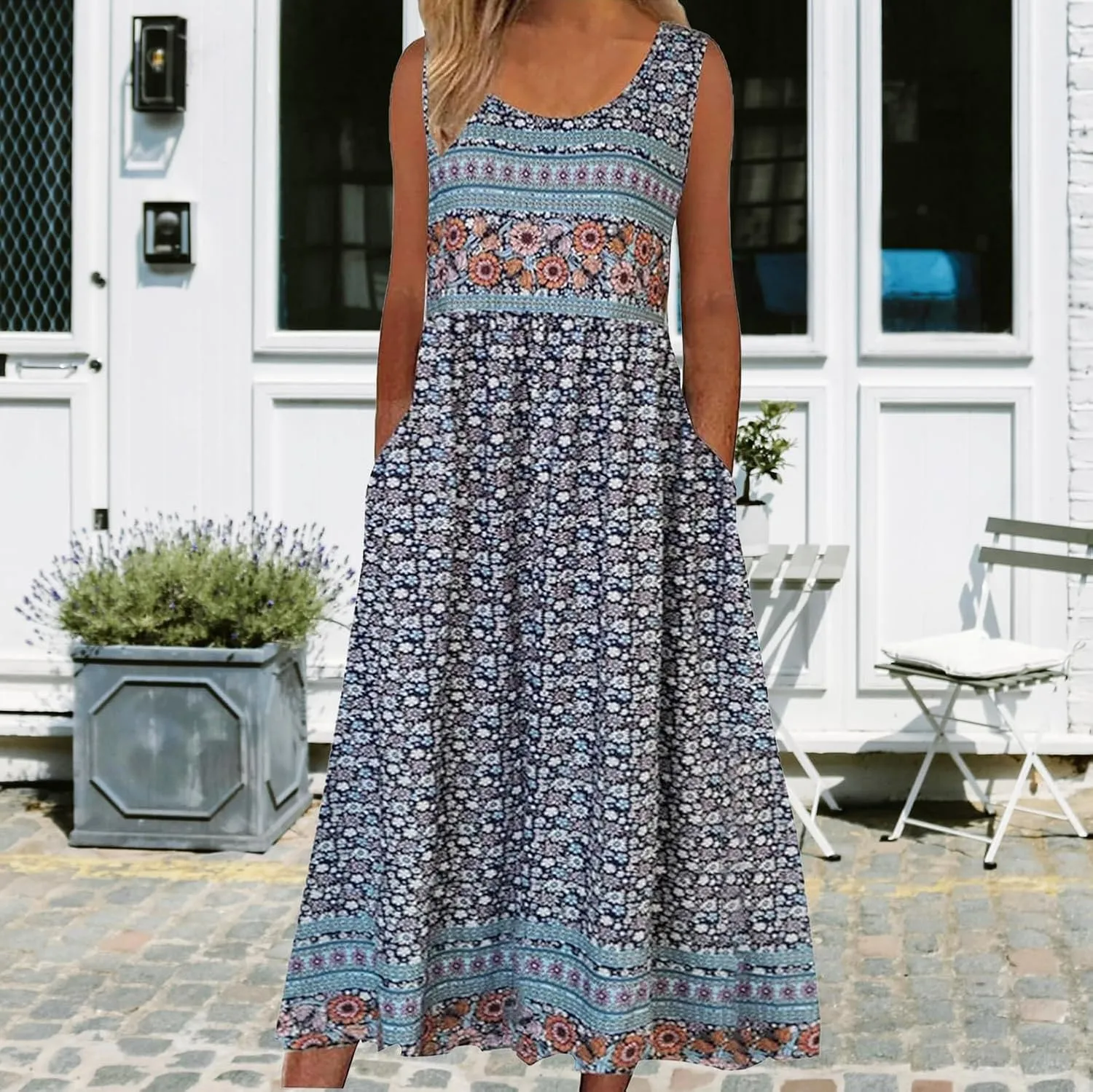 Geleglaer Women's Boho Floral Tank Maxi Dress Plus Size Summer Beach Sundress Crewneck Casual Sleeveless Maxi T Shirt Dress