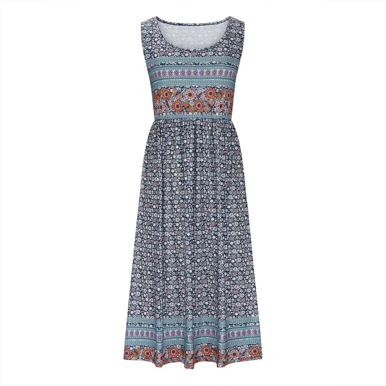 Geleglaer Women's Boho Floral Tank Maxi Dress Plus Size Summer Beach Sundress Crewneck Casual Sleeveless Maxi T Shirt Dress
