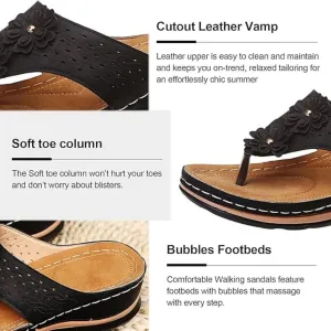 Generic Women's Comfortable Dressy Orthopedic Sandals - Black Slides - Casual Dressy - Open Toe - Elastic Strap - Faux Leather - Flat Heel - Synthetic Rubber Sole
