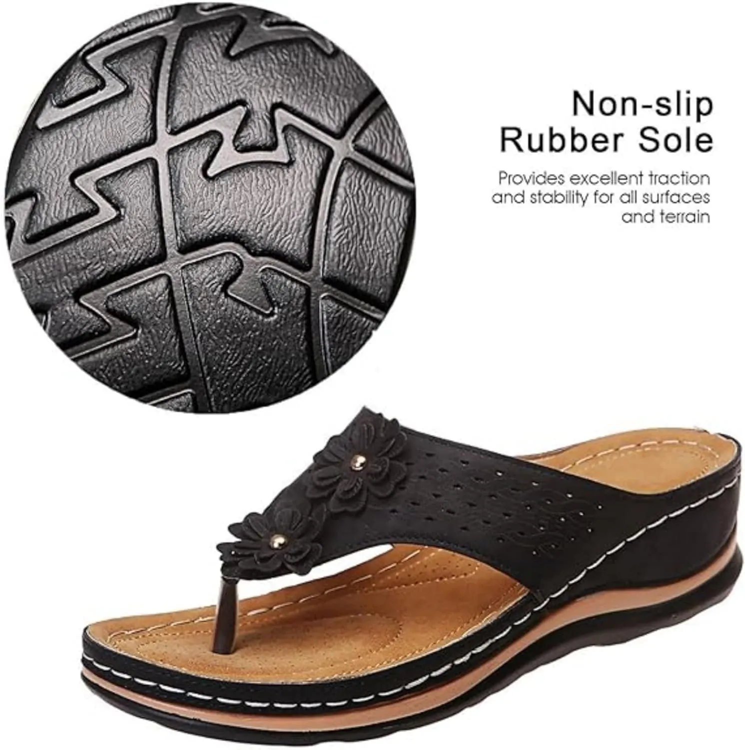Generic Women's Comfortable Dressy Orthopedic Sandals - Black Slides - Casual Dressy - Open Toe - Elastic Strap - Faux Leather - Flat Heel - Synthetic Rubber Sole