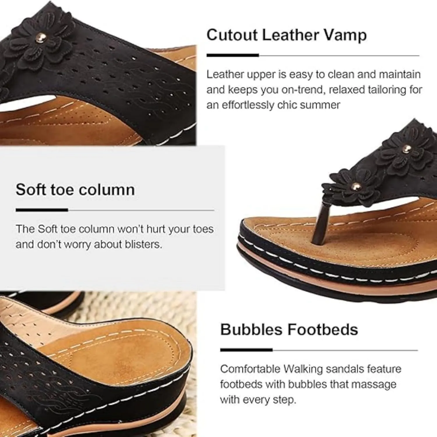 Generic Women's Comfortable Dressy Orthopedic Sandals - Black Slides - Casual Dressy - Open Toe - Elastic Strap - Faux Leather - Flat Heel - Synthetic Rubber Sole