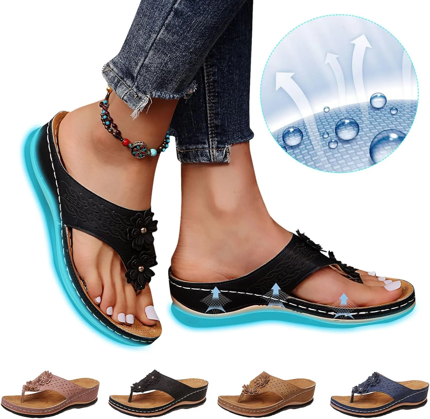 Generic Women's Comfortable Dressy Orthopedic Sandals - Black Slides - Casual Dressy - Open Toe - Elastic Strap - Faux Leather - Flat Heel - Synthetic Rubber Sole