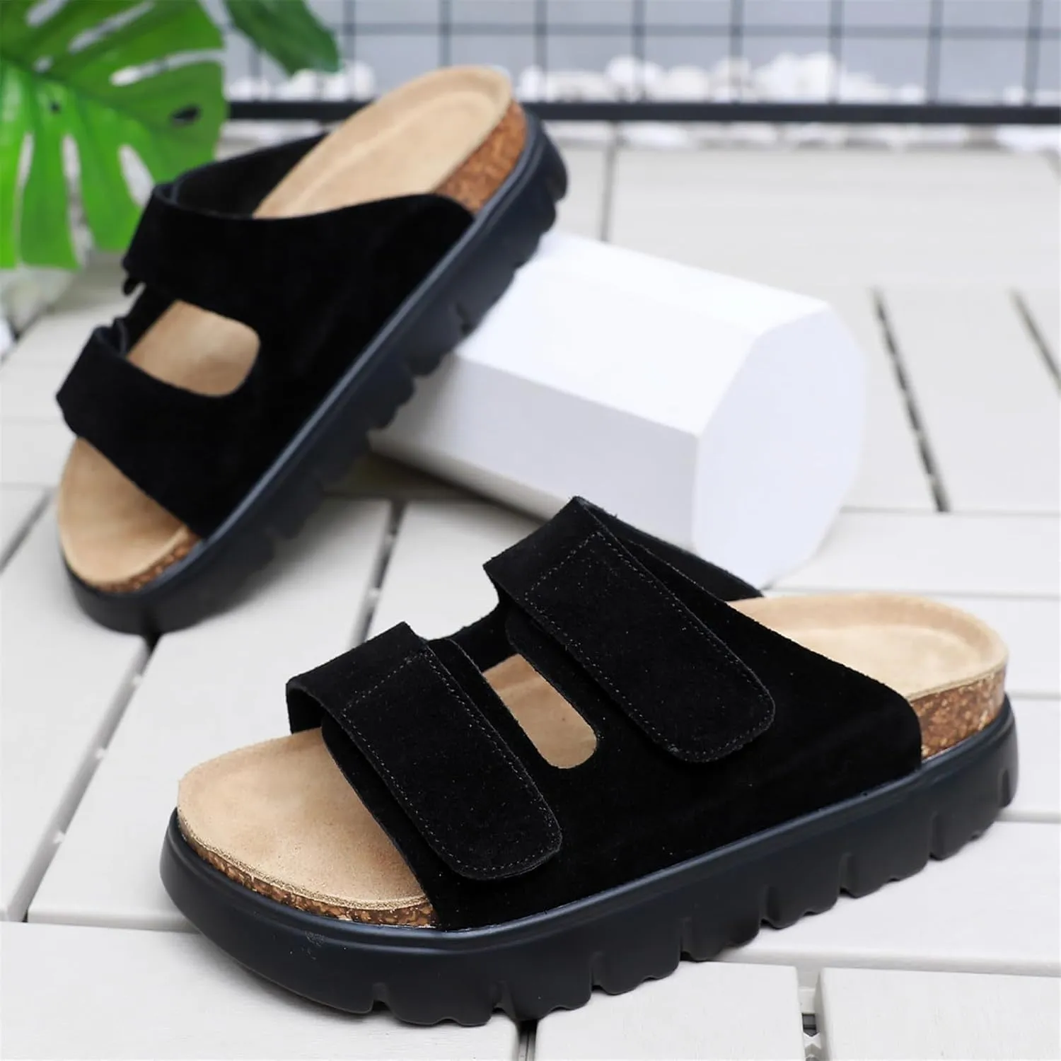 Genuine Leather Platform Sandals for Women 2025 - Soft Comfortable Memory Foam Insole Chunky Womens Wedge Sandals with Cork Footbed