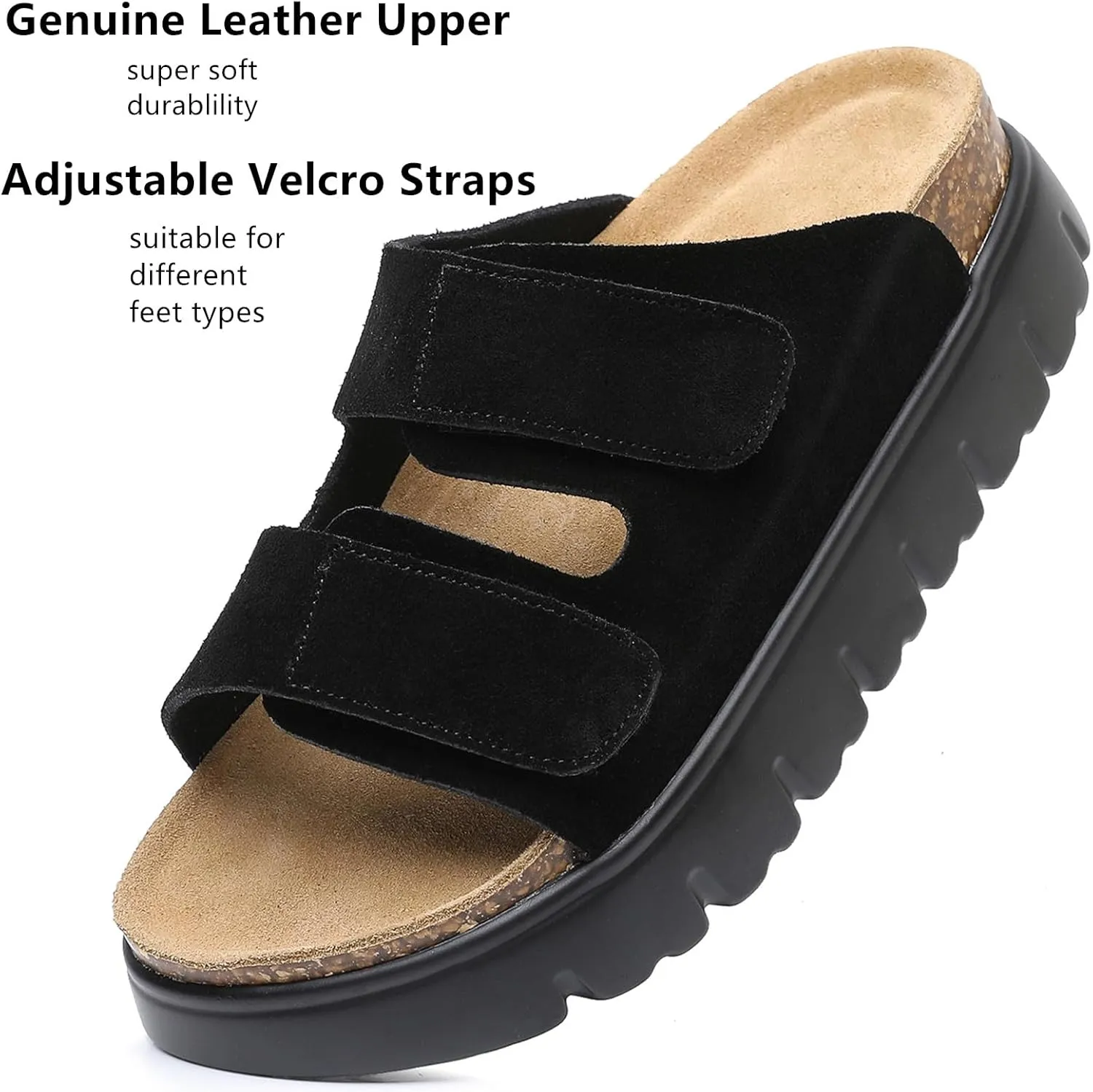 Genuine Leather Platform Sandals for Women 2025 - Soft Comfortable Memory Foam Insole Chunky Womens Wedge Sandals with Cork Footbed