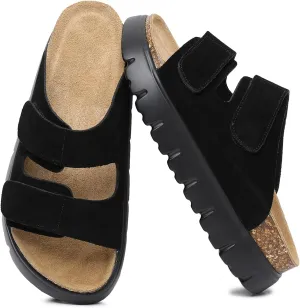 Genuine Leather Platform Sandals for Women 2025 - Soft Comfortable Memory Foam Insole Chunky Womens Wedge Sandals with Cork Footbed