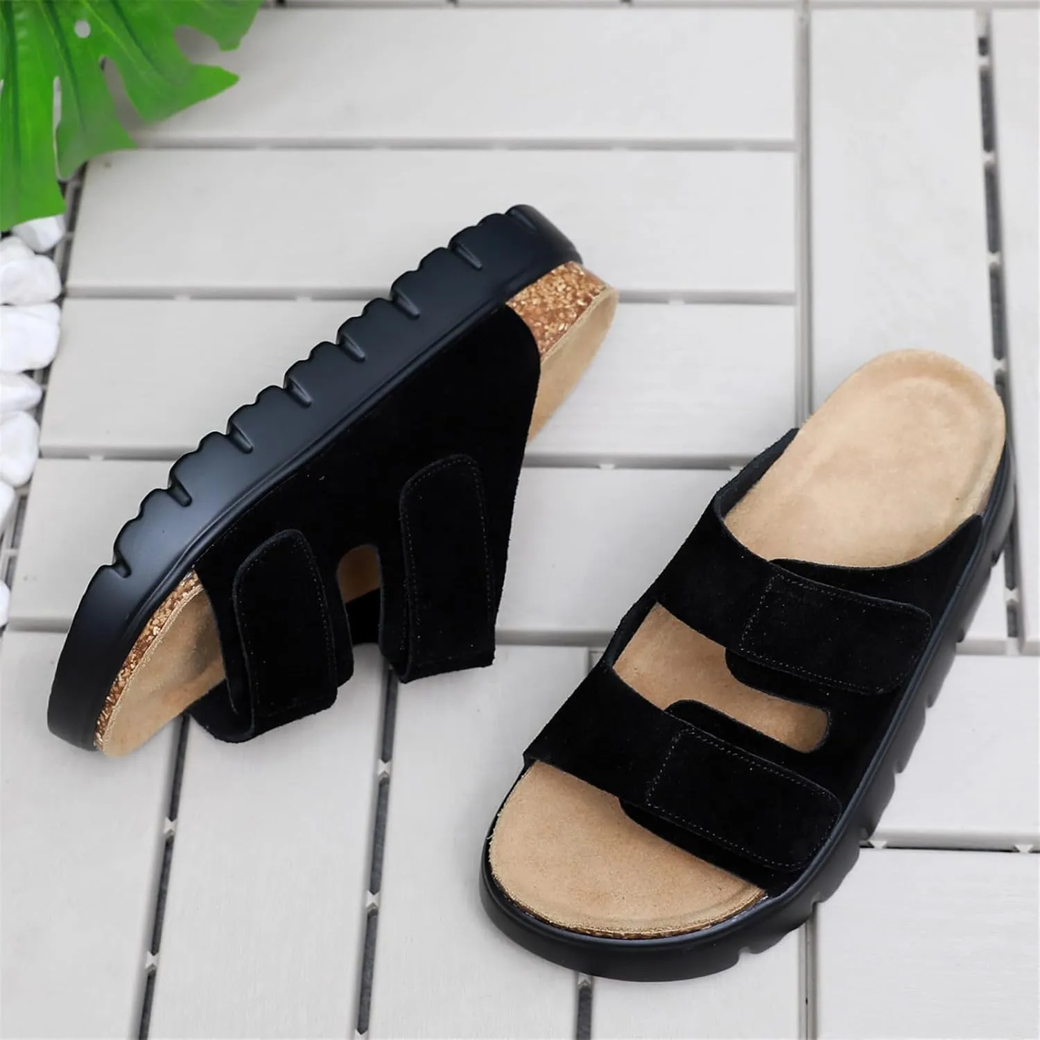 Genuine Leather Platform Sandals for Women 2025 - Soft Comfortable Memory Foam Insole Chunky Womens Wedge Sandals with Cork Footbed