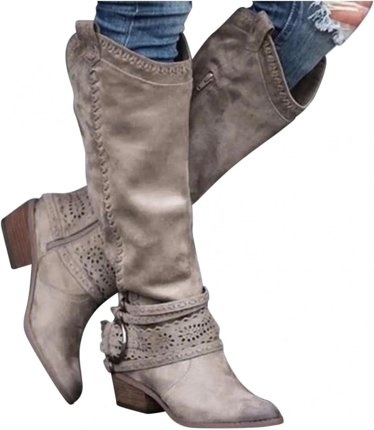 Gibobby Ankle Boots for Women Mid Knee High Boots Chunky Heel Wide Calf Side Zip Fashion Winter Cowboy Booties