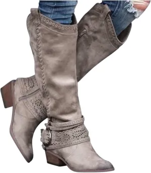 Gibobby Ankle Boots for Women Mid Knee High Boots Chunky Heel Wide Calf Side Zip Fashion Winter Cowboy Booties