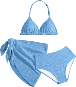 Girl's 3 Piece High Wisted Bikini Set Backless Halter Bathing Suit Swimsuit Set with Cover Up Skirts
