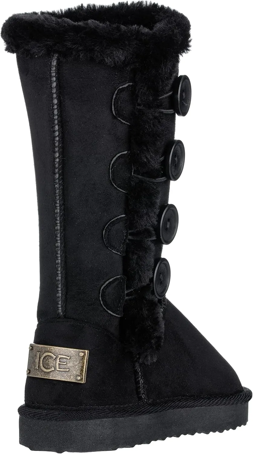 Girls Kids Four Button Faux Fur Lined Shearling Mid Calf Winter Boots
