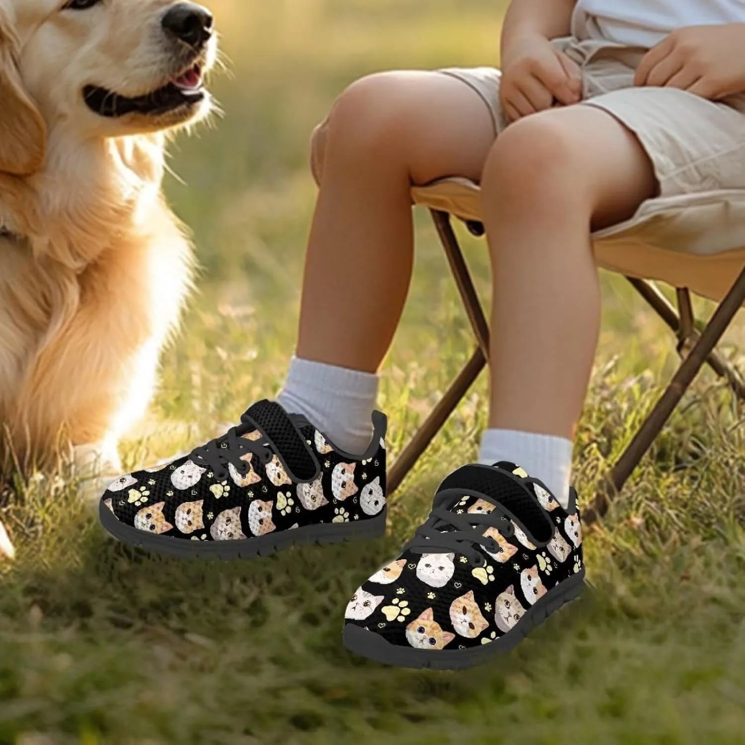 Girls Running Shoes with Hook and Loop Cute Print Kids Tennis Shoes for Outdoor Activities