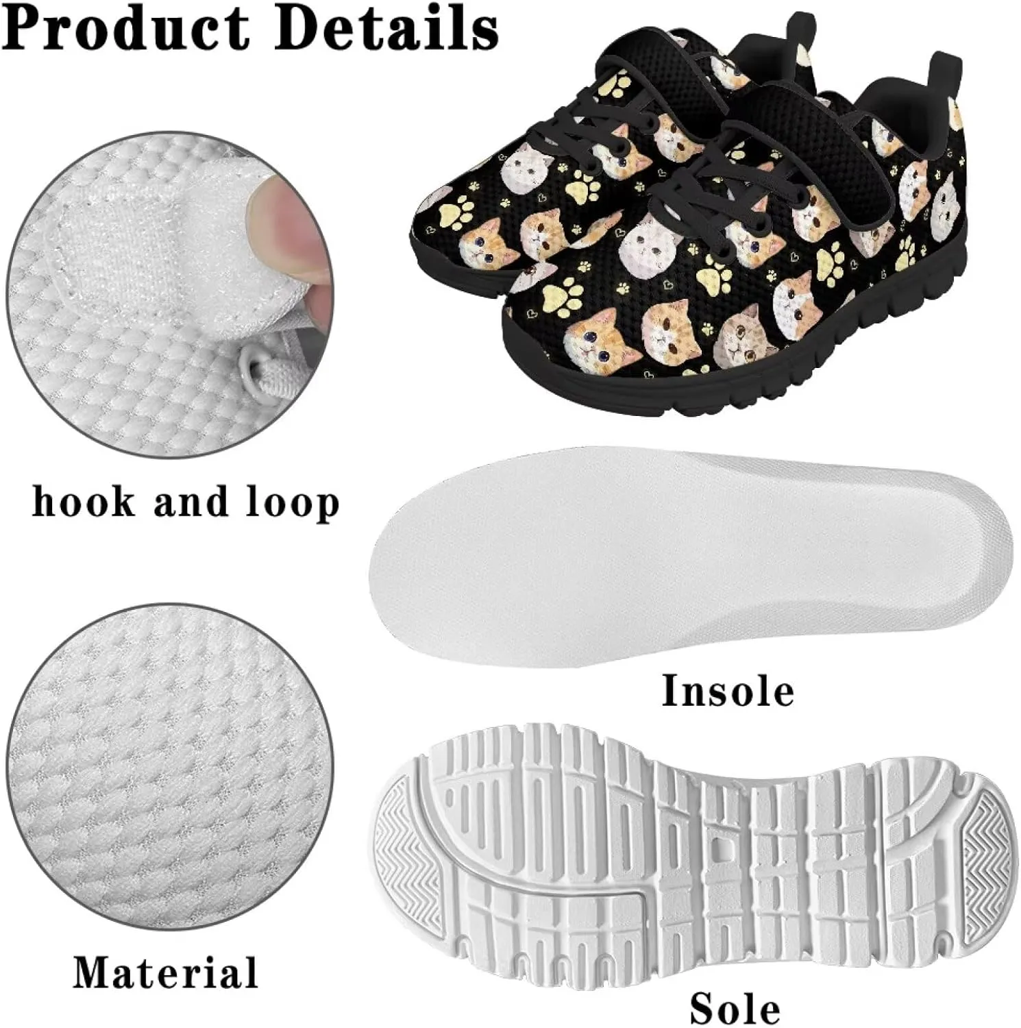 Girls Running Shoes with Hook and Loop Cute Print Kids Tennis Shoes for Outdoor Activities