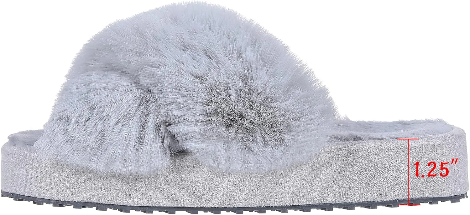 Girl's Soft Plush Lightweight House Slippers Non Slip Cross Band Slip on Open Toe Cozy Indoor Outdoor Slippers