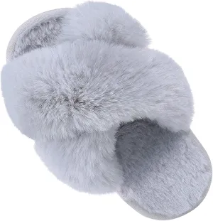 Girl's Soft Plush Lightweight House Slippers Non Slip Cross Band Slip on Open Toe Cozy Indoor Outdoor Slippers