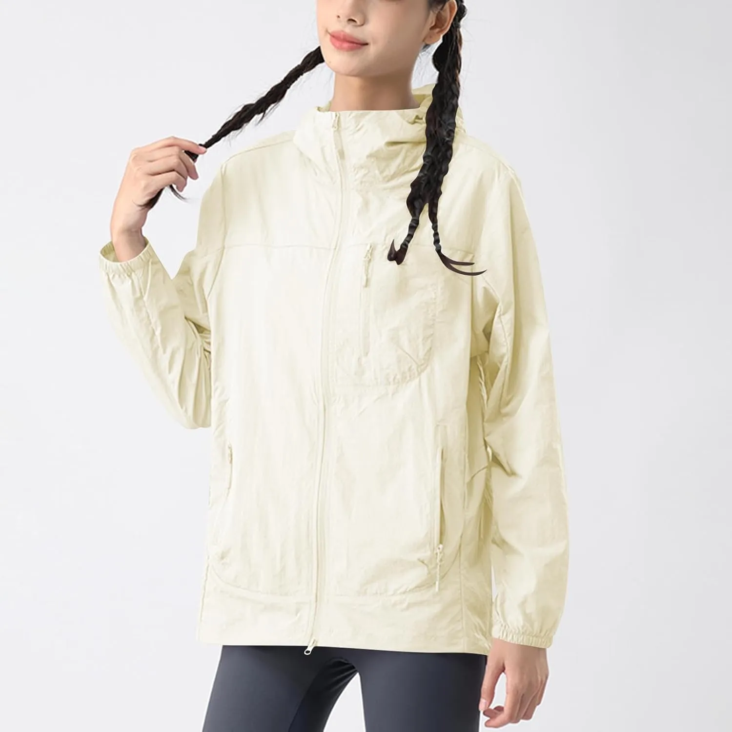Gorgeous Unisex Solid Color UV Sunscreen Clothing Coat Lightweight Seaside Wear Hooded Zipper Long Sleeved Jacket