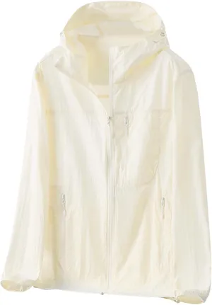 Gorgeous Unisex Solid Color UV Sunscreen Clothing Coat Lightweight Seaside Wear Hooded Zipper Long Sleeved Jacket