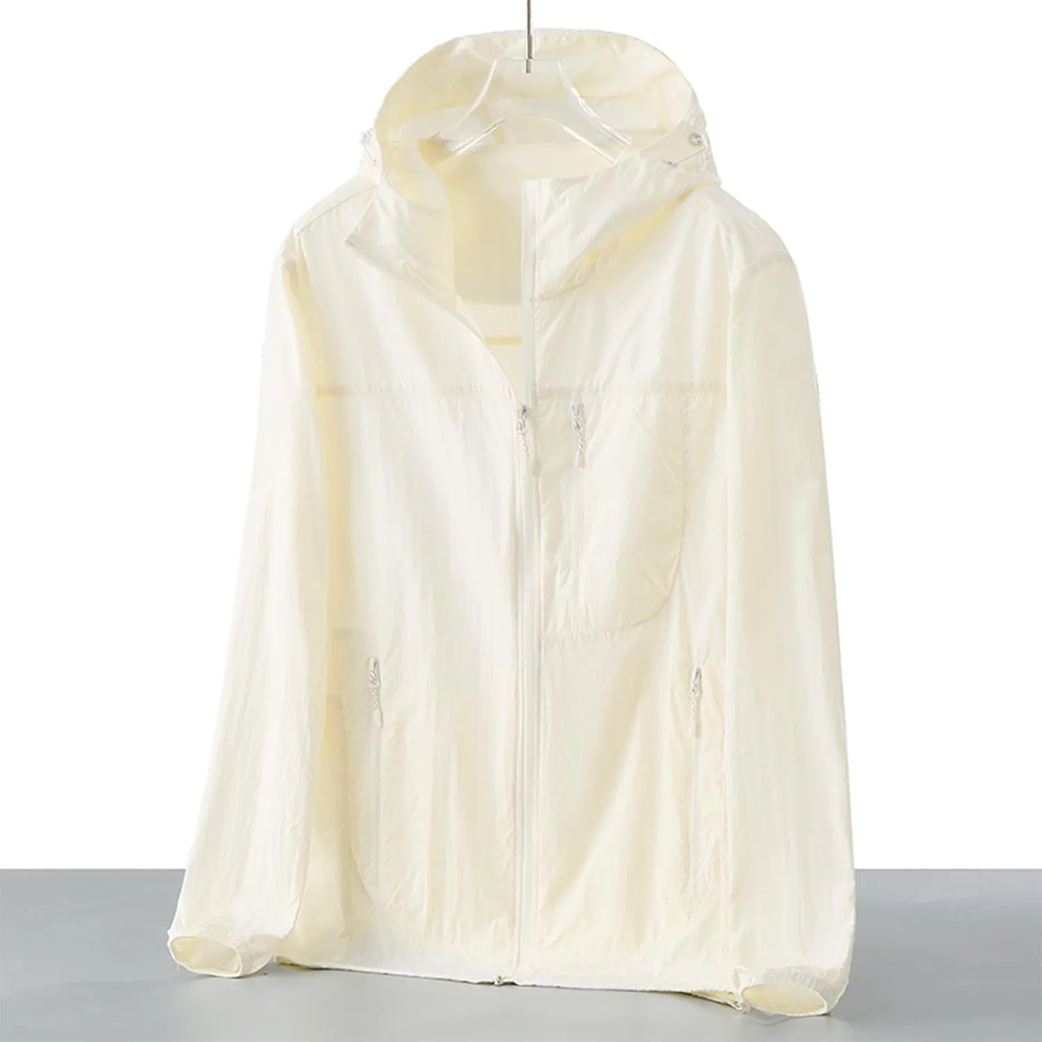 Gorgeous Unisex Solid Color UV Sunscreen Clothing Coat Lightweight Seaside Wear Hooded Zipper Long Sleeved Jacket
