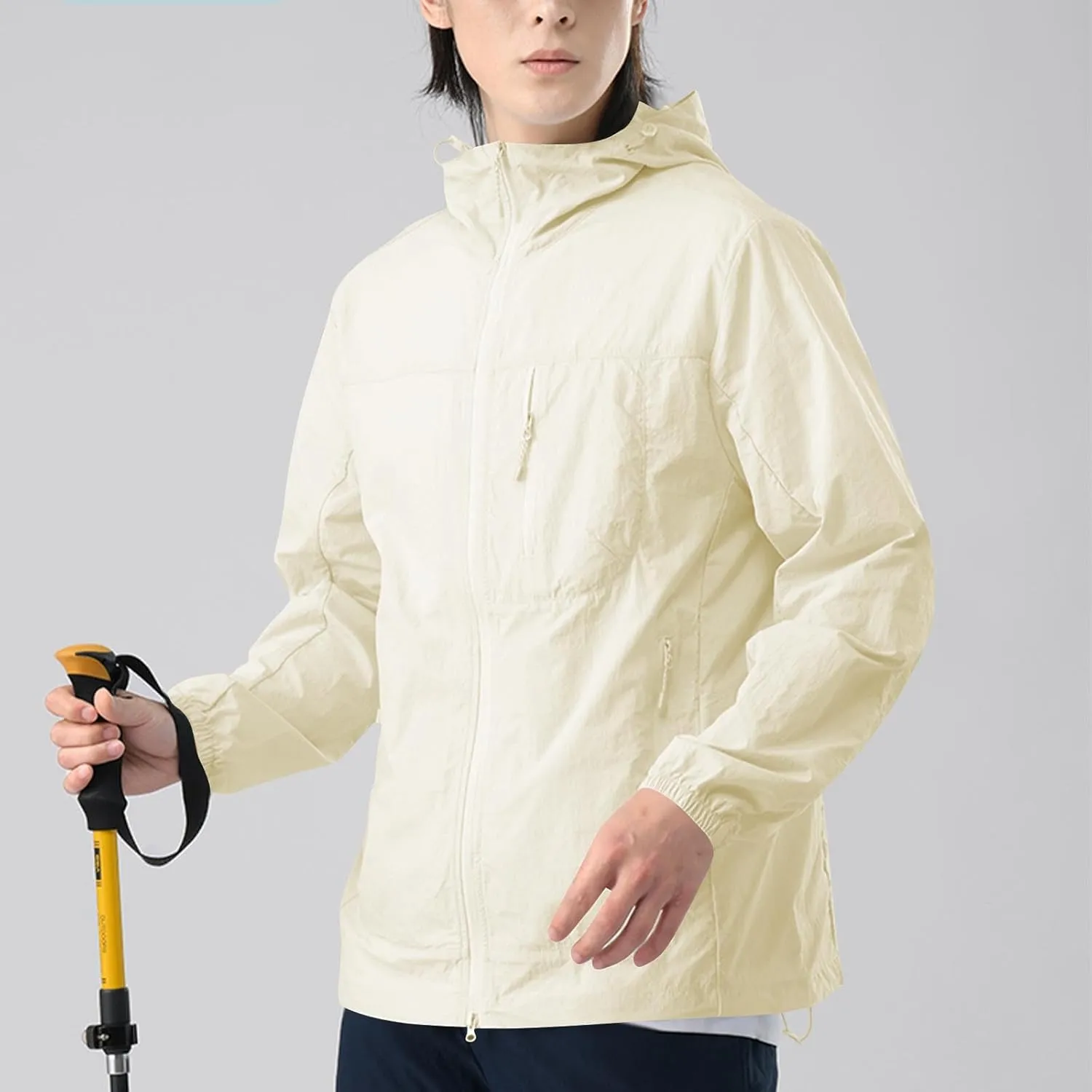 Gorgeous Unisex Solid Color UV Sunscreen Clothing Coat Lightweight Seaside Wear Hooded Zipper Long Sleeved Jacket
