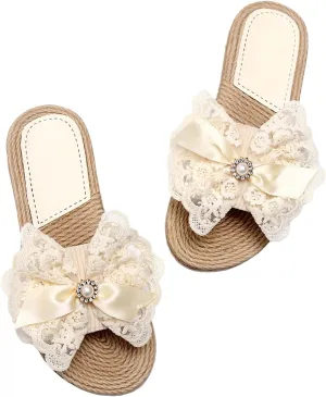 GORGLITTER Women's Bow Flat Sandals Straw Open Toe Dressy Boho Summer Beach Sandals
