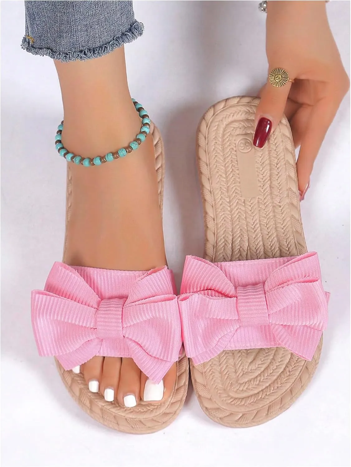 GORGLITTER Women's Bow Flat Sandals Straw Open Toe Dressy Boho Summer Beach Sandals