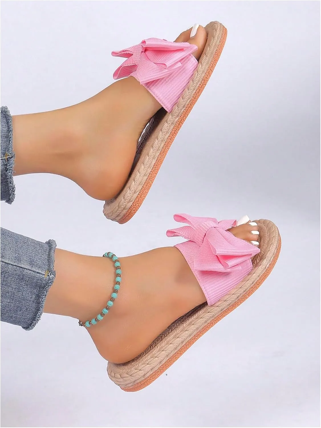 GORGLITTER Women's Bow Flat Sandals Straw Open Toe Dressy Boho Summer Beach Sandals