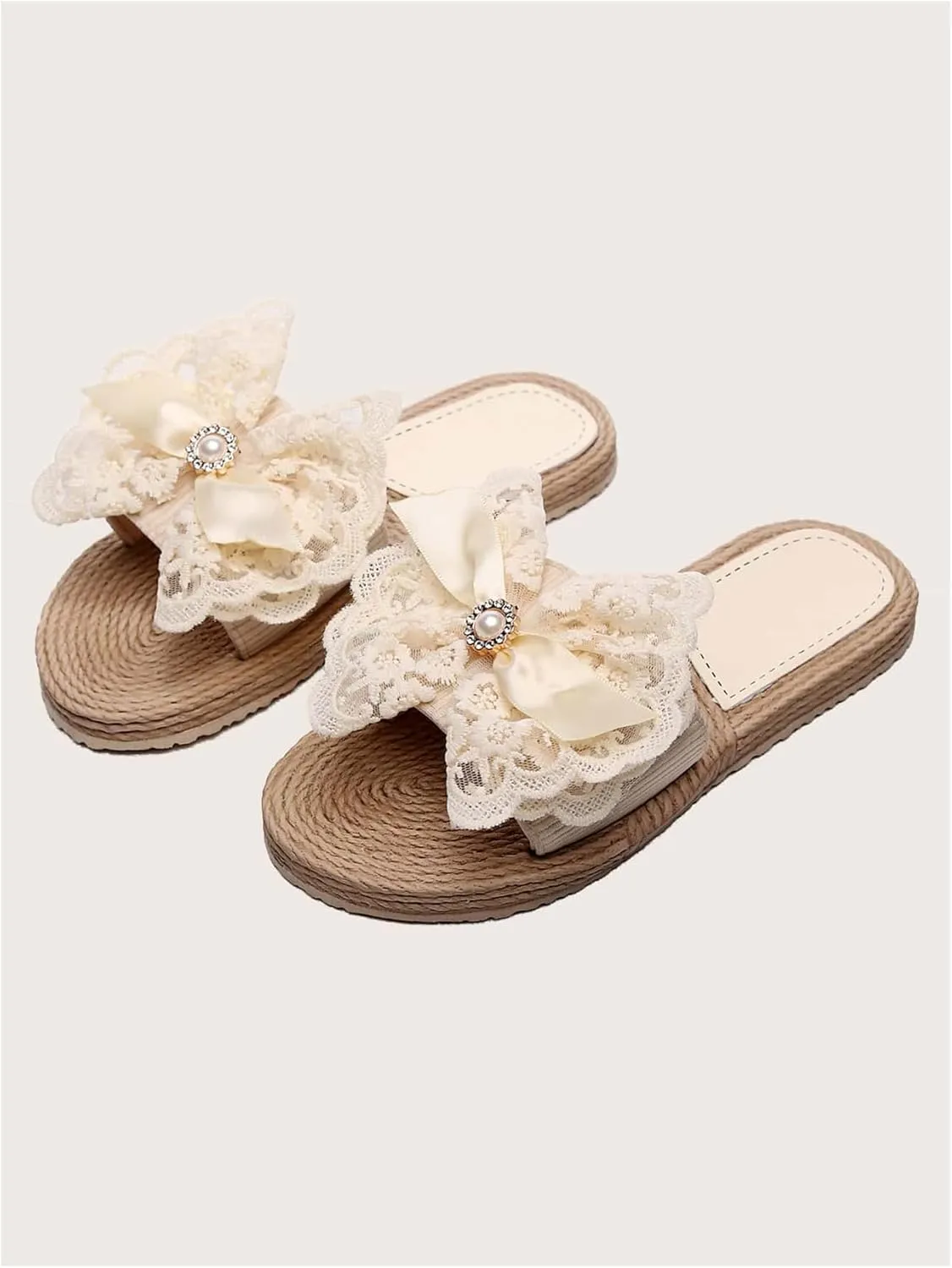 GORGLITTER Women's Bow Flat Sandals Straw Open Toe Dressy Boho Summer Beach Sandals