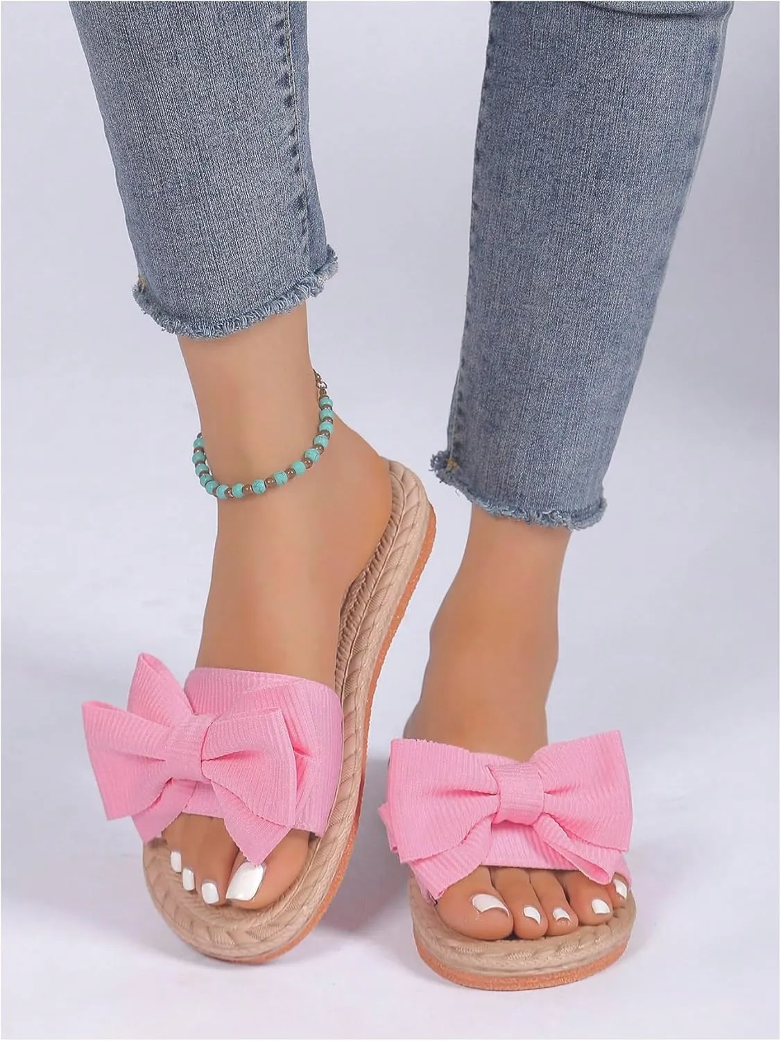 GORGLITTER Women's Bow Flat Sandals Straw Open Toe Dressy Boho Summer Beach Sandals