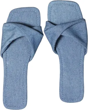 GORGLITTER Women's Denim Sandals Twist Square Open Toe Slip On Dressy Summer Sandals