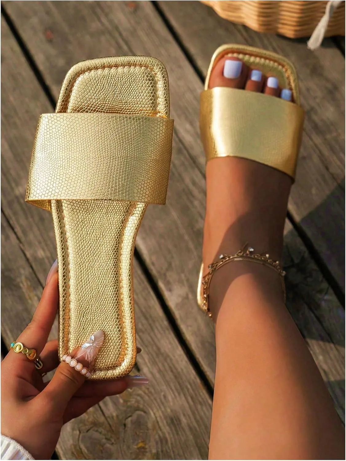 GORGLITTER Women's Gold Sandals Cute Dressy Square Open Toe Summer Sandals