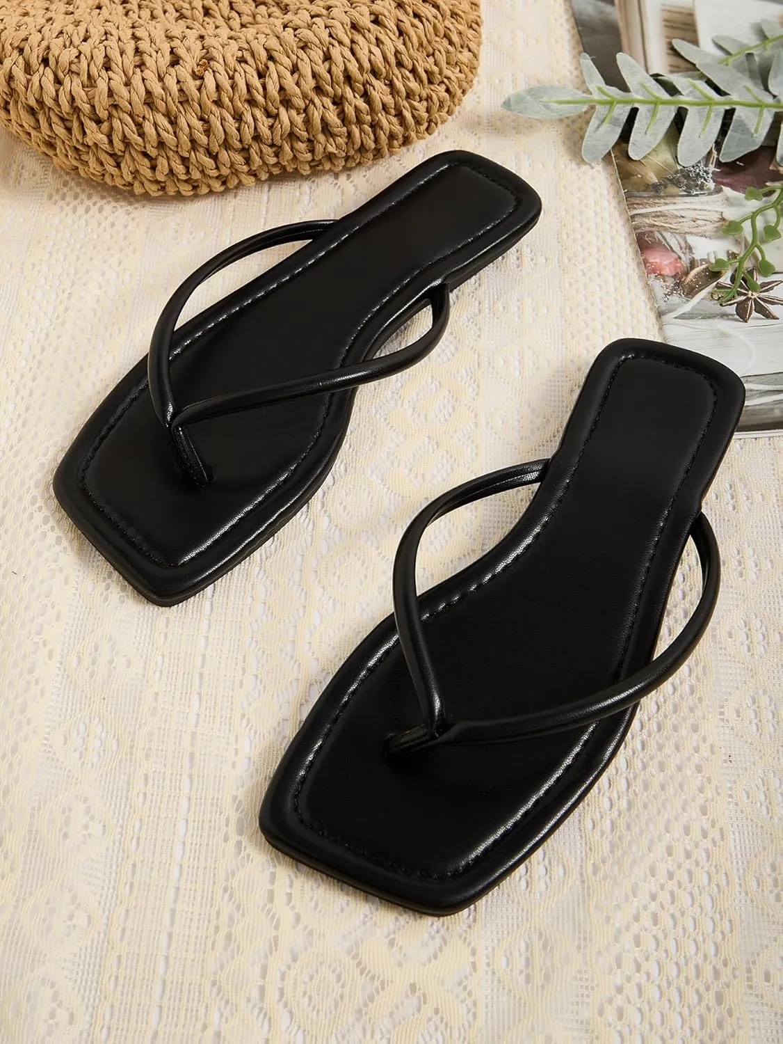 GORGLITTER Women's Square Open Toe Flip Flop Minimalist Thong Flat Sandals Slide On Summer Vacation 2025 Dressy Shoes