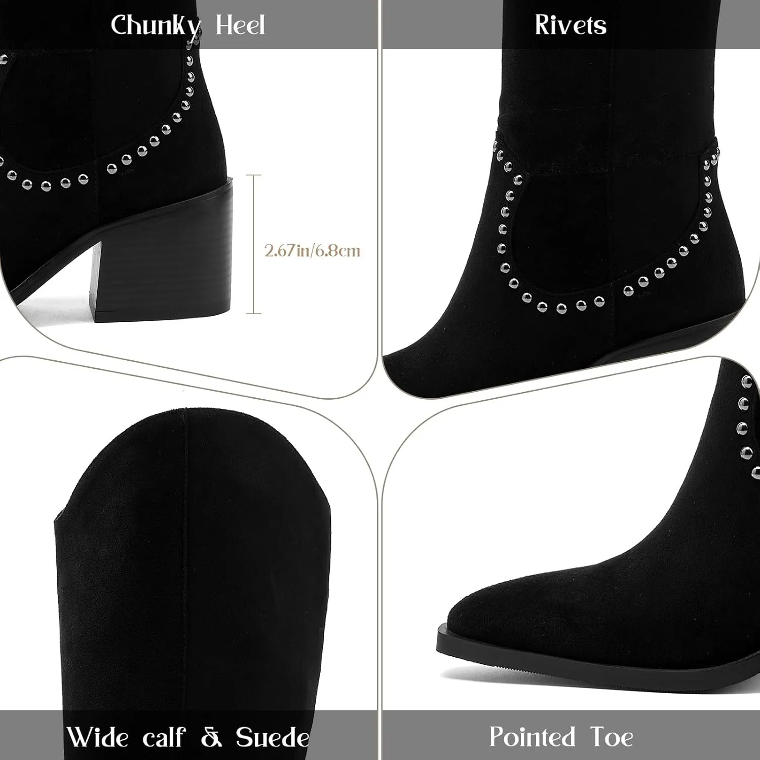 GOSERCE Suede Knee High Boots for Women Pointed Toe Chunky Heel Tall Fall Boots Side Zipper with stud Details Black