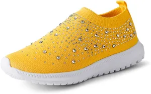 GOSPT Women's Mesh Walking Shoes Rhinestone Glitter Slip On Ballroom Jazz Latin Dance Sock Sneakers