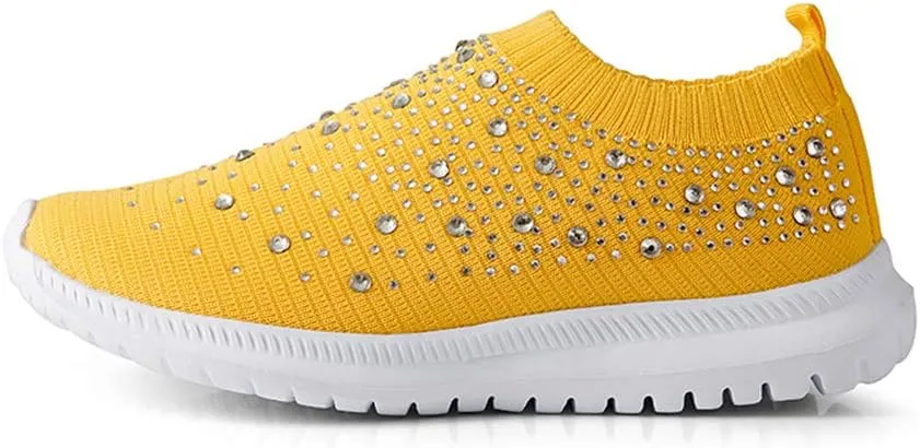 GOSPT Women's Mesh Walking Shoes Rhinestone Glitter Slip On Ballroom Jazz Latin Dance Sock Sneakers