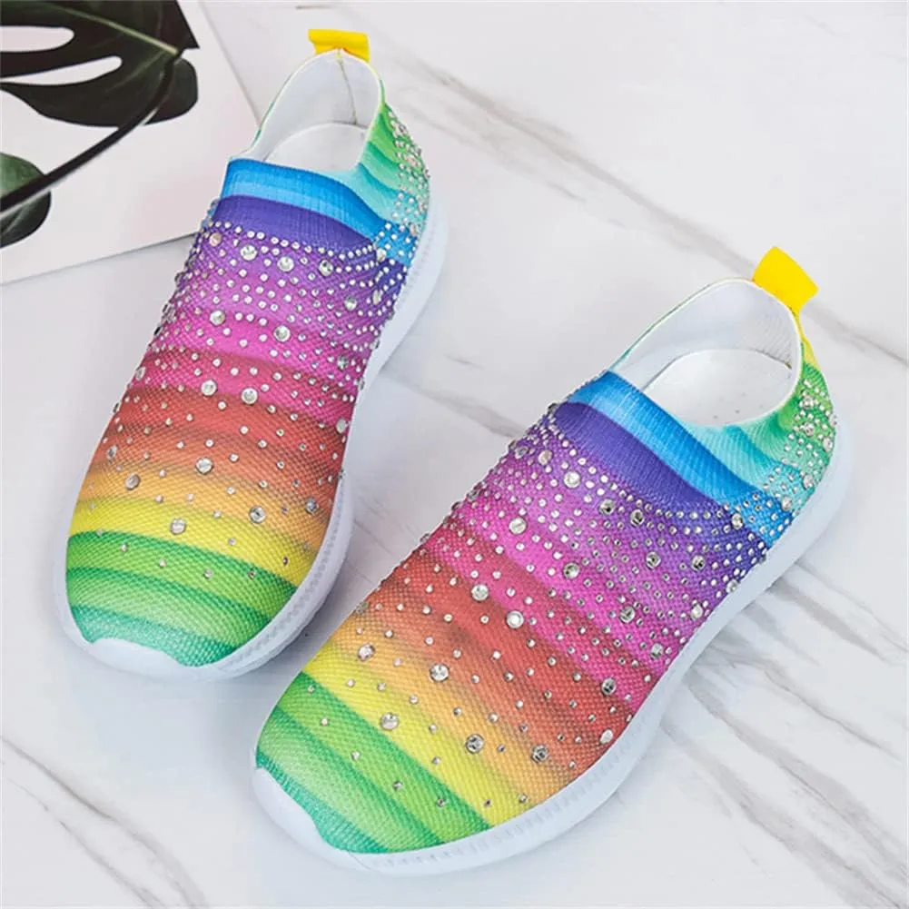 GOSPT Women's Mesh Walking Shoes Rhinestone Glitter Slip On Ballroom Jazz Latin Dance Sock Sneakers