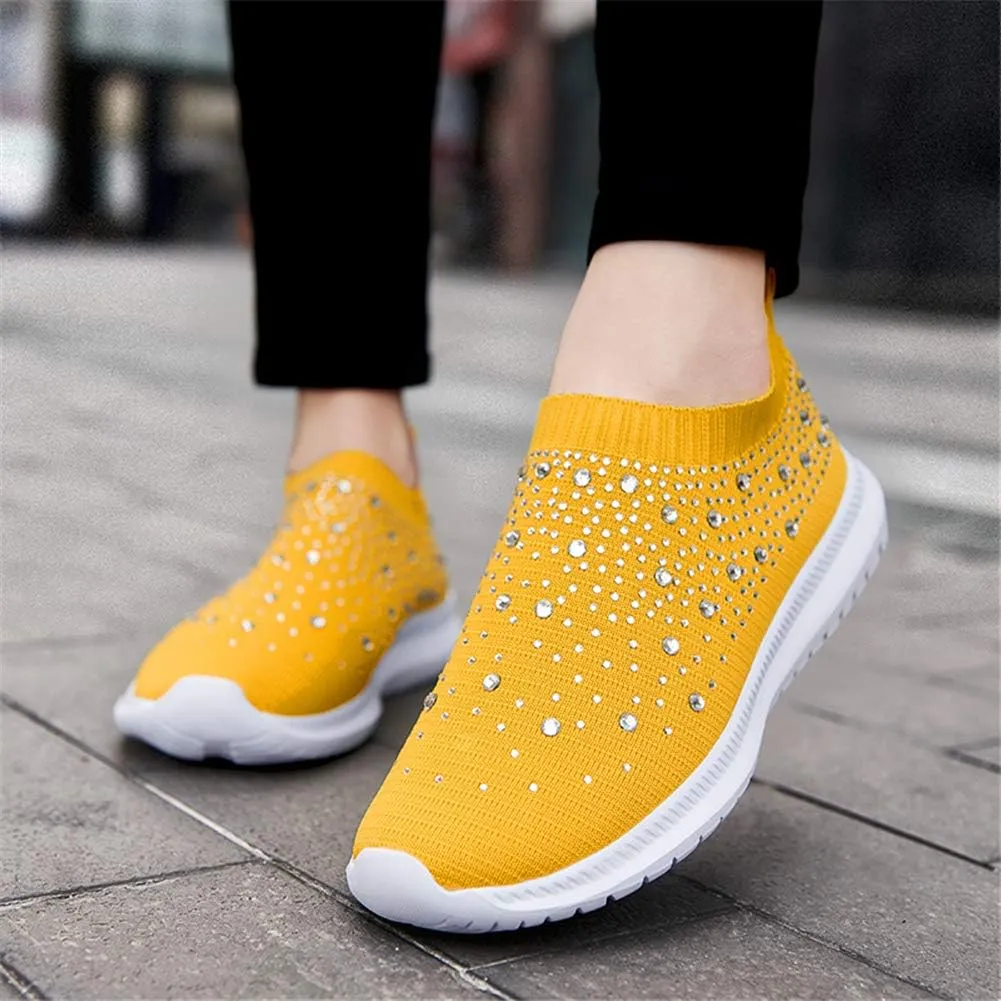 GOSPT Women's Mesh Walking Shoes Rhinestone Glitter Slip On Ballroom Jazz Latin Dance Sock Sneakers