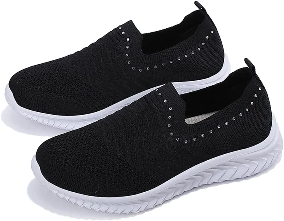 GOSPT Women's Slip on Sock Sneakers Glitter Rhinestone Jazz Latin Dance Mesh Shoes