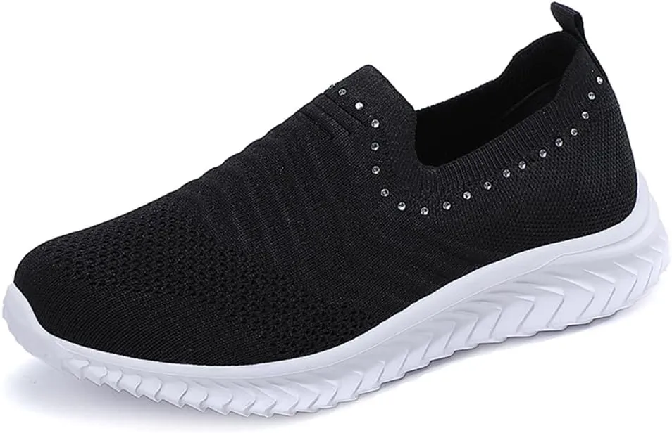 GOSPT Women's Slip on Sock Sneakers Glitter Rhinestone Jazz Latin Dance Mesh Shoes