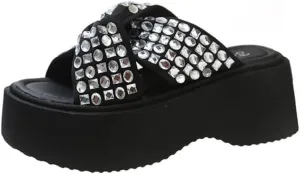 Goth Platform Sandals Glitter Emo Grunge Rave Beach Wedge Slides for Women Comfortable Cute Corporate Corp Whimsy Goth Casual Office Cruise Holiday Vacation