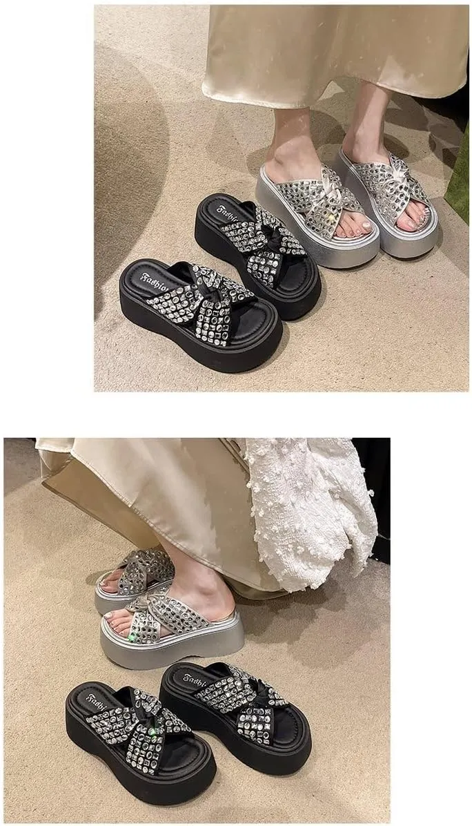 Goth Platform Sandals Glitter Emo Grunge Rave Beach Wedge Slides for Women Comfortable Cute Corporate Corp Whimsy Goth Casual Office Cruise Holiday Vacation