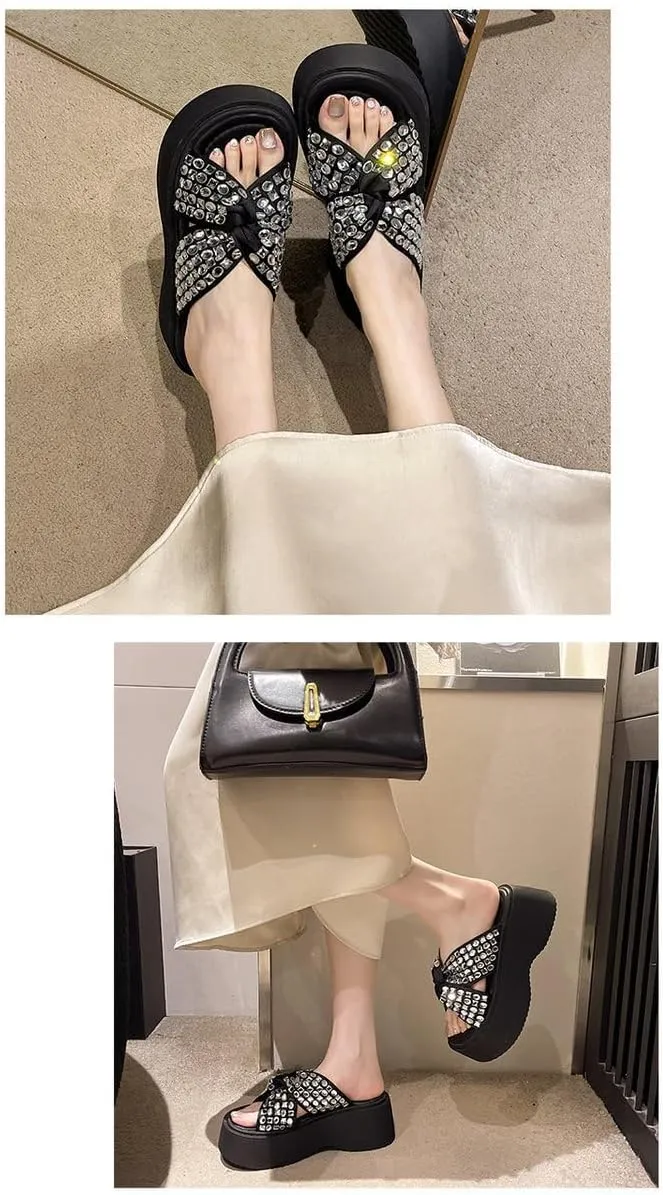 Goth Platform Sandals Glitter Emo Grunge Rave Beach Wedge Slides for Women Comfortable Cute Corporate Corp Whimsy Goth Casual Office Cruise Holiday Vacation