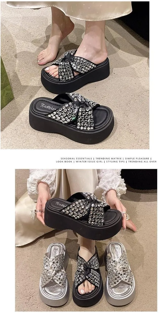 Goth Platform Sandals Glitter Emo Grunge Rave Beach Wedge Slides for Women Comfortable Cute Corporate Corp Whimsy Goth Casual Office Cruise Holiday Vacation