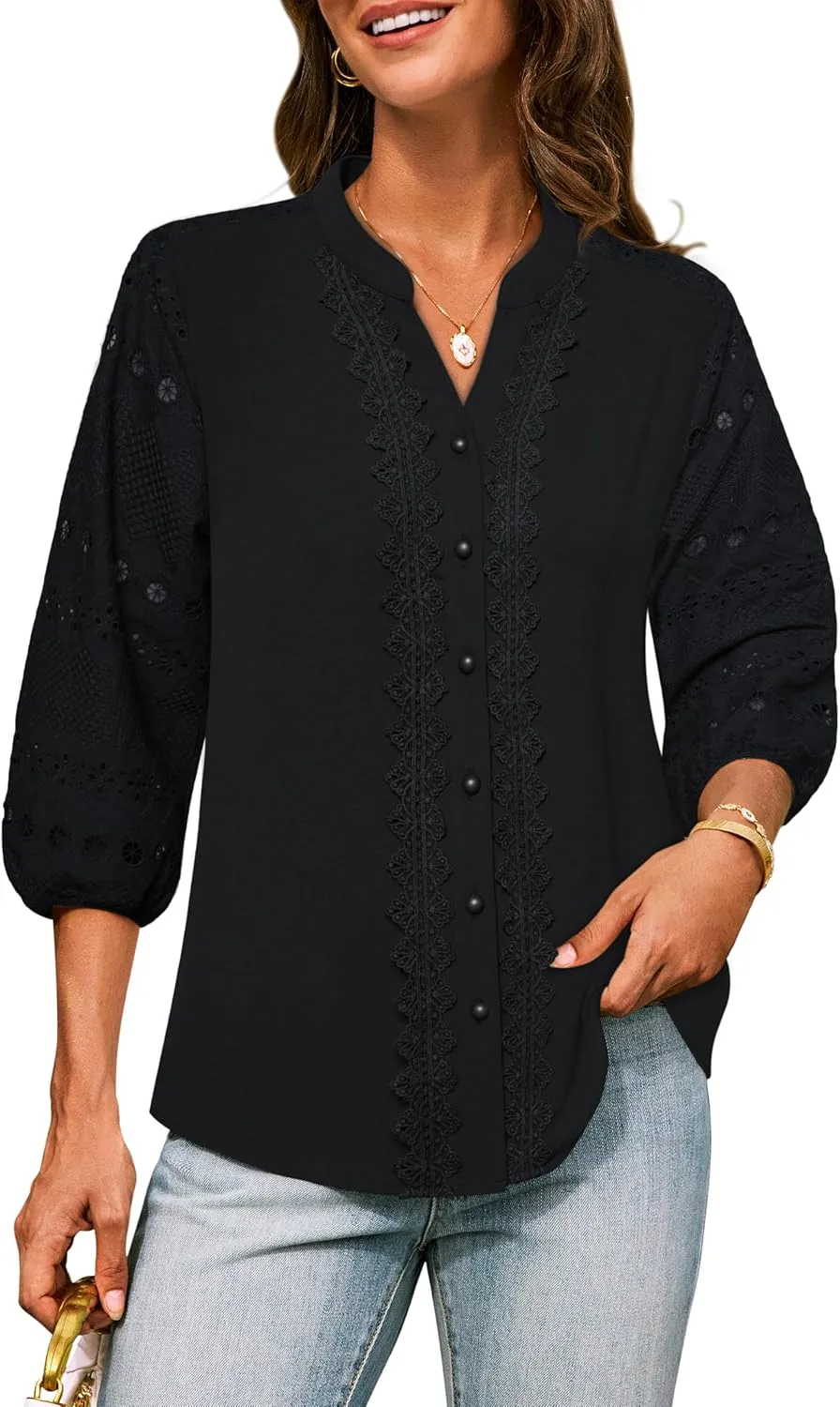 GRACE KARIN Women's Dressy Casual Tops 3/4 Sleeve Business Work Blouses Hollow Out Embroidery Button Down Shirts