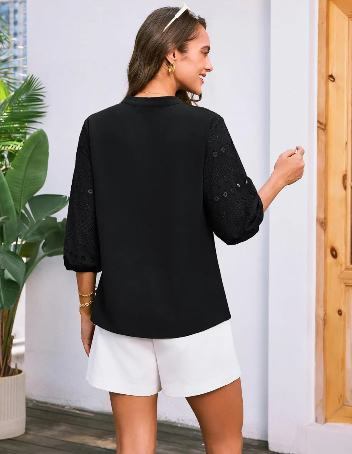 GRACE KARIN Women's Dressy Casual Tops 3/4 Sleeve Business Work Blouses Hollow Out Embroidery Button Down Shirts
