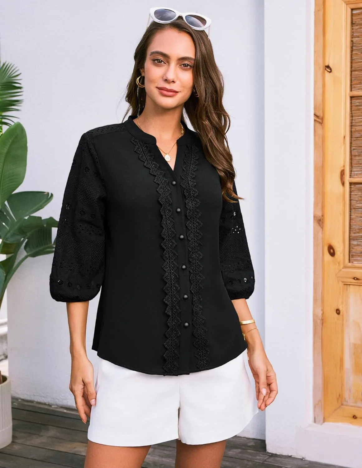 GRACE KARIN Women's Dressy Casual Tops 3/4 Sleeve Business Work Blouses Hollow Out Embroidery Button Down Shirts