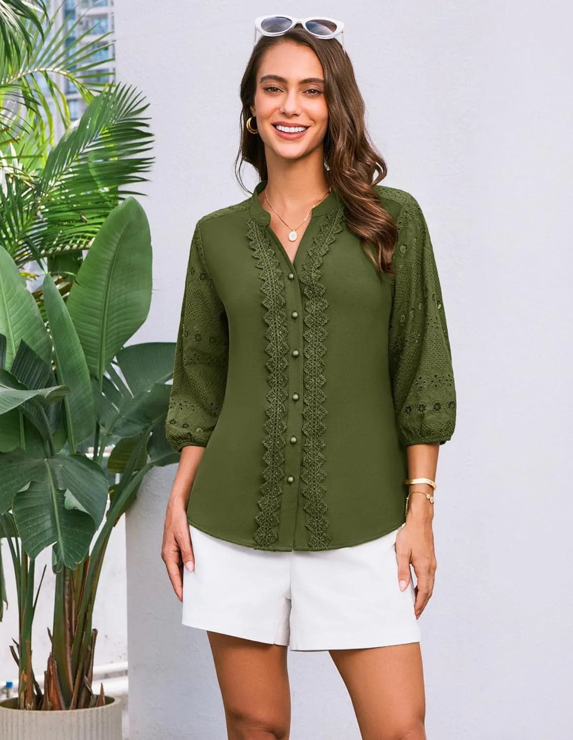 GRACE KARIN Women's Dressy Casual Tops 3/4 Sleeve Business Work Blouses Hollow Out Embroidery Button Down Shirts